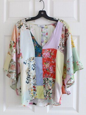 UNBREAK.IT Silk Cottagecore Patchwork Floral Art Deco Blouse Made in Italy
